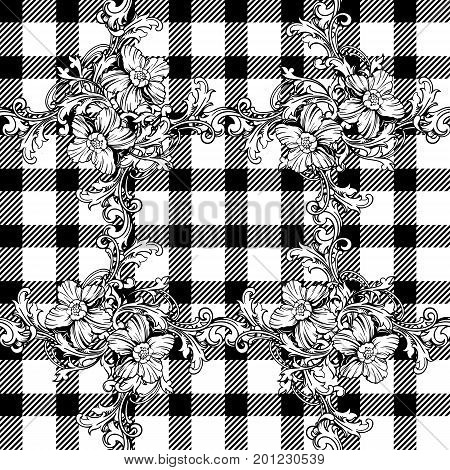 Eclectic fabric seamless black and white pattern. Geometric plaid  floral background with baroque ornament. Vector illustration