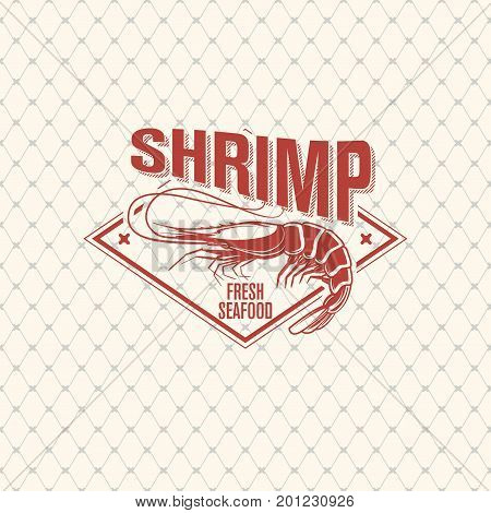 Shrimp logo on seamless pattern with fishing net, vector illustration