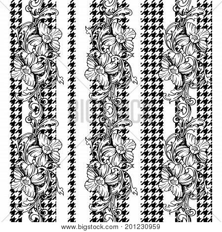 Eclectic fabric seamless black and white pattern. Geometric plaid  floral background with baroque ornament. Vector illustration