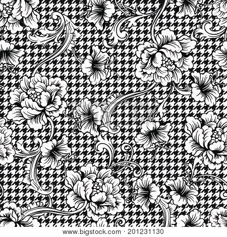 Eclectic fabric seamless black and white pattern. Geometric plaid  floral background with baroque ornament. Vector illustration