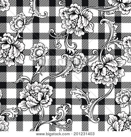 Eclectic fabric seamless black and white pattern. Geometric plaid  floral background with baroque ornament. Vector illustration
