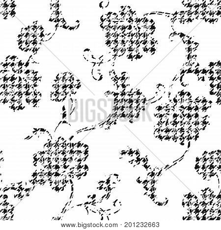 Eclectic fabric seamless black and white pattern. Geometric plaid floral background with baroque ornament. Vector illustration