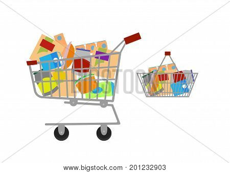 Full basket with different goods. Flat vector icon.