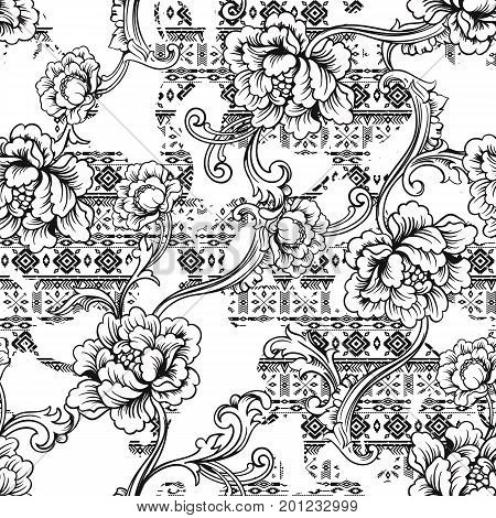 Eclectic fabric seamless black and white pattern. Geometric floral background with baroque ornament. Vector illustration