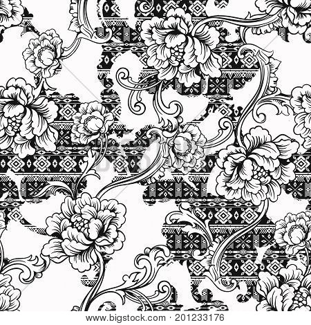 Eclectic fabric seamless black and white pattern. Geometric floral background with baroque ornament. Vector illustration