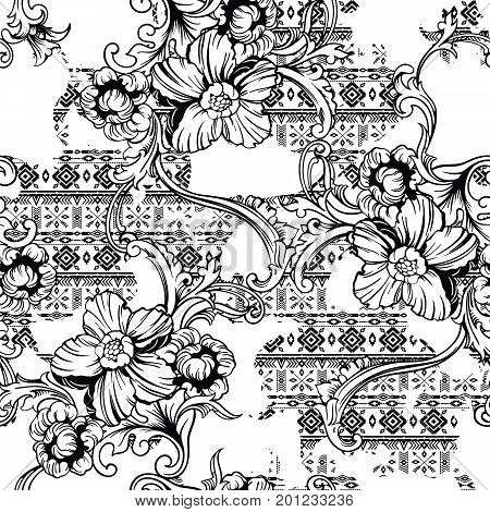 Eclectic fabric seamless black and white pattern. Geometric floral background with baroque ornament. Vector illustration