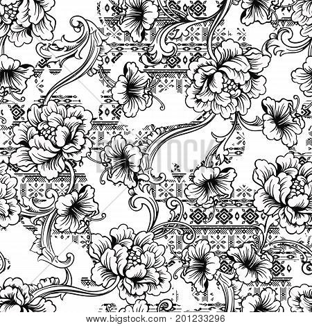 Eclectic fabric seamless black and white pattern. Geometric floral background with baroque ornament. Vector illustration
