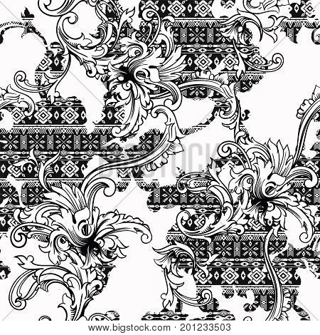 Eclectic fabric seamless black and white pattern. Geometric floral background with baroque ornament. Vector illustration