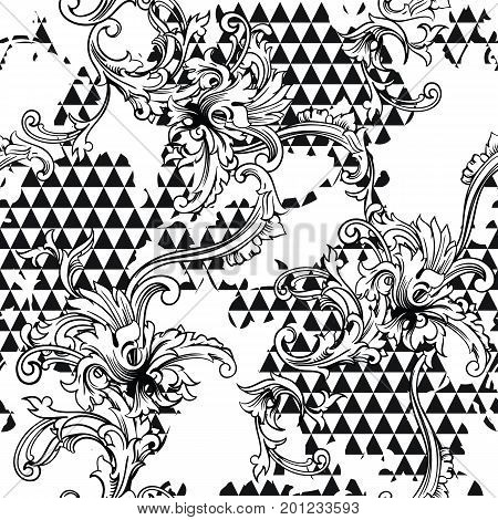Eclectic fabric seamless black and white pattern. Geometric floral background with baroque ornament. Vector illustration