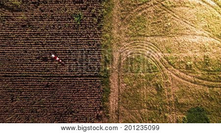 Aerial photography Pattern on the Different Earth Field Corn Farm Abstract Harvest Season