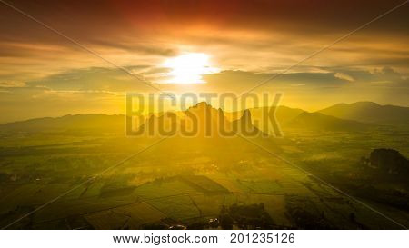 Aerial View Landscape Sunset Mountain Background Orange tone