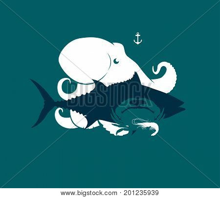 Silhouette of seafood octopus, tuna, crab and shrimp, vector illustration