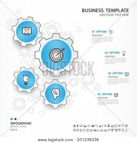 Infographics elements diagram with 4 steps, options, Vector illustration, blue gear icon, presentation template, advertisment layout, Process chart, business flyer, banner design, web, timeline, silde