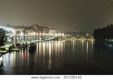 Night Landscape view of Turin. The 'Po' river