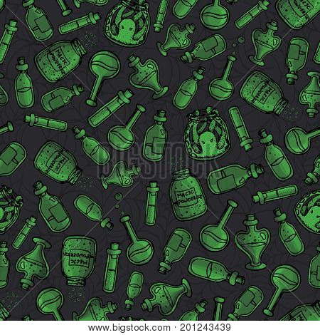 vector hand drawn green witchy bottles seamless pattern. Black outline of potions elixirs and vials. Halloween design.