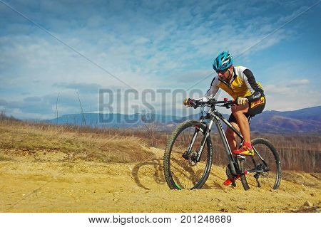 Tarcu Romania - March 16 2017: Cyclist in training session on offroad trail. Shot taken on March 16th 2017