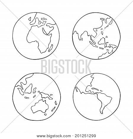 Hand drawn world planet Earth. Vector illustration with globes. Earth from four sides isolated on white background. Set of sketch Earth globes for design. World map with black contour.