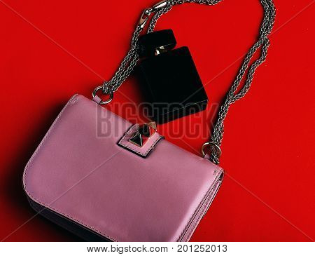 Small Womans Leather Pink Bag With Metallic Spikes, Chain, Perfume