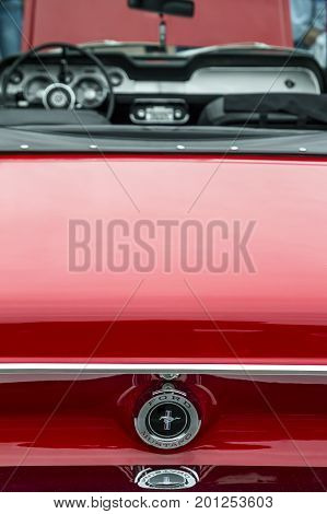 ZAMOSC POLAND - August 13 2017: Back rear view of Classic retro Ford Mustang GT.Car exterior details.