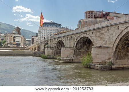 SKOPJE, REPUBLIC OF MACEDONIA - 13 MAY 2017: Skopje City Center, Old Stone Bridge and Vardar River, Republic of Macedonia