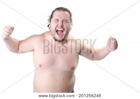 Funny fat guy with a big belly. Anger. Funny fat guy. White background.