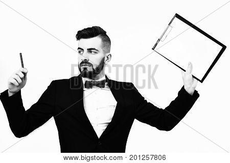 Busy Director In Classic Suit And Red Bow Tie