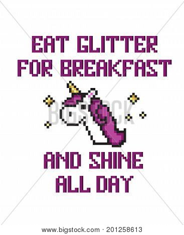 Colorful pixel art design and print for t-shirt, cards, posters, invitations with stars and unicorn.