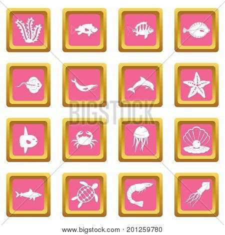 Sea animals icons set in pink color isolated vector illustration for web and any design