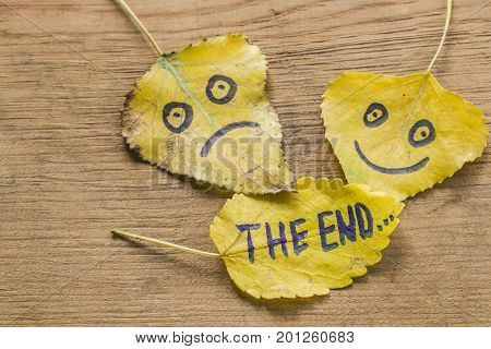 Yellow Leaves With A Picture Of A Happy And Sad Face And The Inscription The End