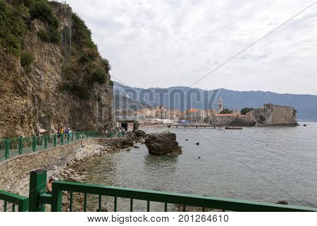 BUDVA, MONTENEGRO - AUGUST 03, 2017:View of the old town of Budva from the side of the beach Mogren Montenegro