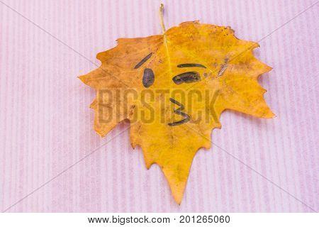 Yellow Leaf With A Picture Of A Kiss