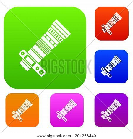 Dslr camera with zoom lens set icon in different colors isolated vector illustration. Premium collection