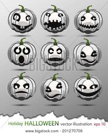 Vector set of white pumpkins with different emotions in honor of the Halloween holiday