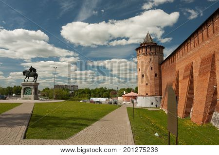 Kolomna Russia - May 22 2017: Marinkin Tower Of Kremlin Near Monument To Dmitry Donskoy In Kolomna In Summer Sunny Day Moscow Region.