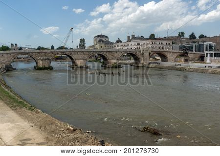 SKOPJE, REPUBLIC OF MACEDONIA - MAY 13, 2017: Skopje City Center, Old Stone Bridge and Vardar River, Republic of Macedonia