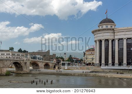 SKOPJE, REPUBLIC OF MACEDONIA - MAY 13, 2017: Skopje City Center, Old Stone Bridge and Vardar River, Republic of Macedonia