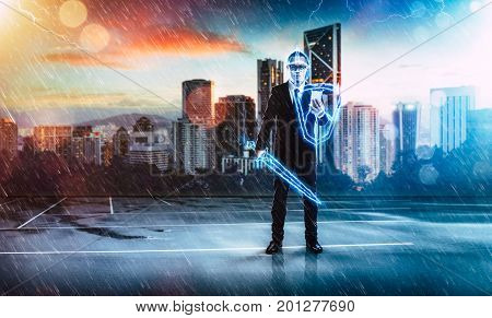 Businessman turned into thunder warriorholding a lightning sword and shield preparation protection precaution and security in business concept .