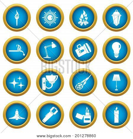 Light source symbols icons blue circle set isolated on white for digital marketing