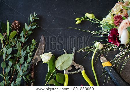 Beautiful flowers and florist equipment on dark background