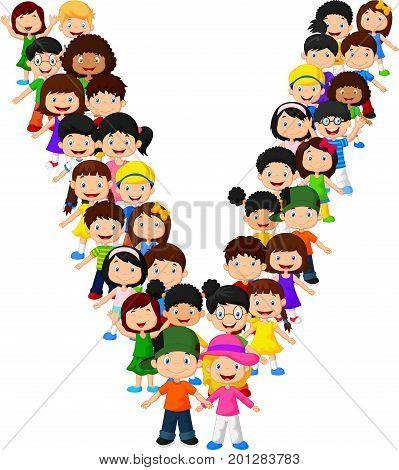 Vector illustration of Little kids form alphabet V