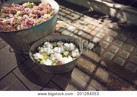 Rustic Galvanised Pails Filled With Summer Flowers