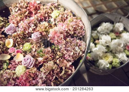 Rustic Galvanised Pails Filled With Summer Flowers