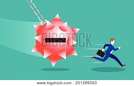 Business Concept As A Businessman Is Running Hurriedly From A Swinging Red Negativity Spiky Steel Wrecking Ball. It Means Trying To Avoid Dangerous Negative Attitude From The Other.
