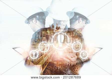 Double exposure of Engineer or Technician man with industry tool icons for management business by using tablet with safty helmet & uniform for oil and gas industrial business concept.