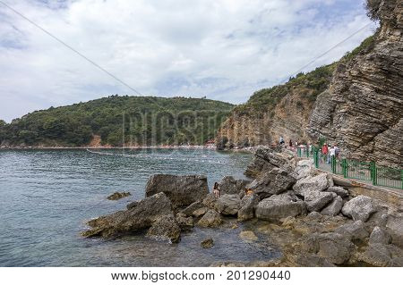 BUDVA, MONTENEGRO - AUGUST 03, 2017:View of Mogren beach in Budva Montenegro