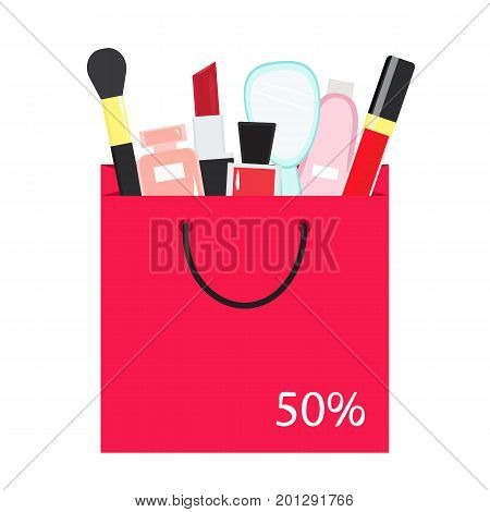 Decorative cosmetics in shopping bag, big sales. Vector illustration.