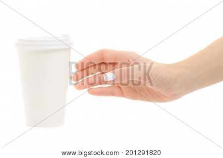 Female hands holding coffee in a cardboard glass on a white background isolation