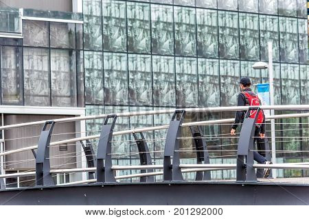 Quebec City, Canada - May 30, 2017: Old Port Area With Wooden Bridge To Espace 400E Building And Per