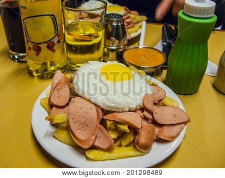 Salchipapa sausage and chips Peruvian typical dish Peru