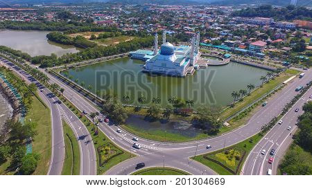 Kota Kinabalu,Sabah,Malaysia-Jan 23,2017:Aerial view Kota Kinabalu State Mosque during sunny in Kota Kinabalu,Sabah,Borneo,Malaysia.The design shares some similarities to Medinah Masjid An Nabawi.
